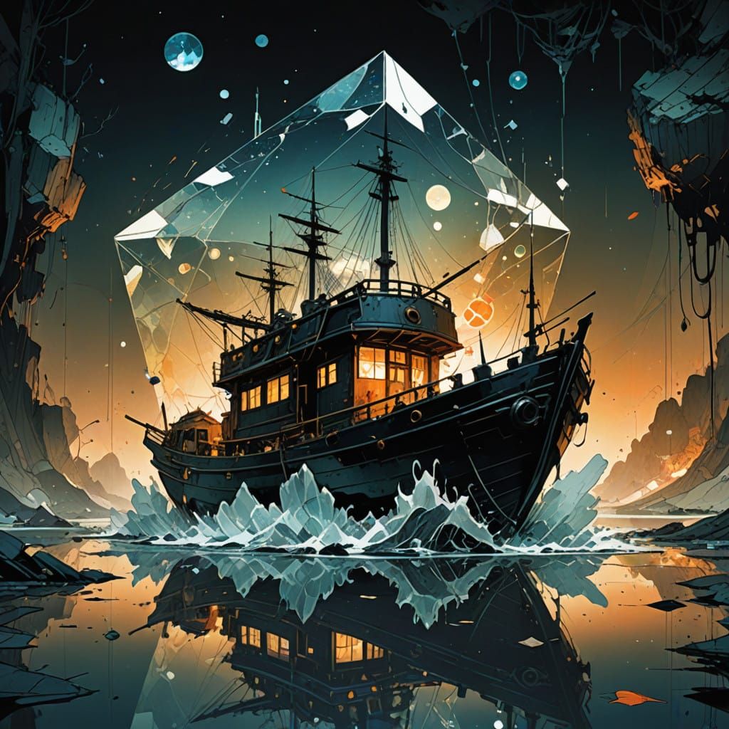 Whiskey Glass with Tiny Glowing Boat in Golden Light