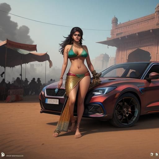 Indian Girl Selling Car in Market: Detailed Matte Painting