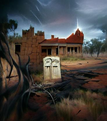 Sinister Outback Post Office Ruins in Gothic Film Noir