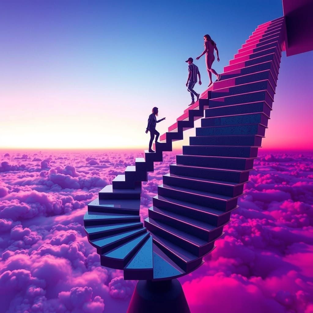 Impossible Staircase with Liquid Clouds in Surreal Style