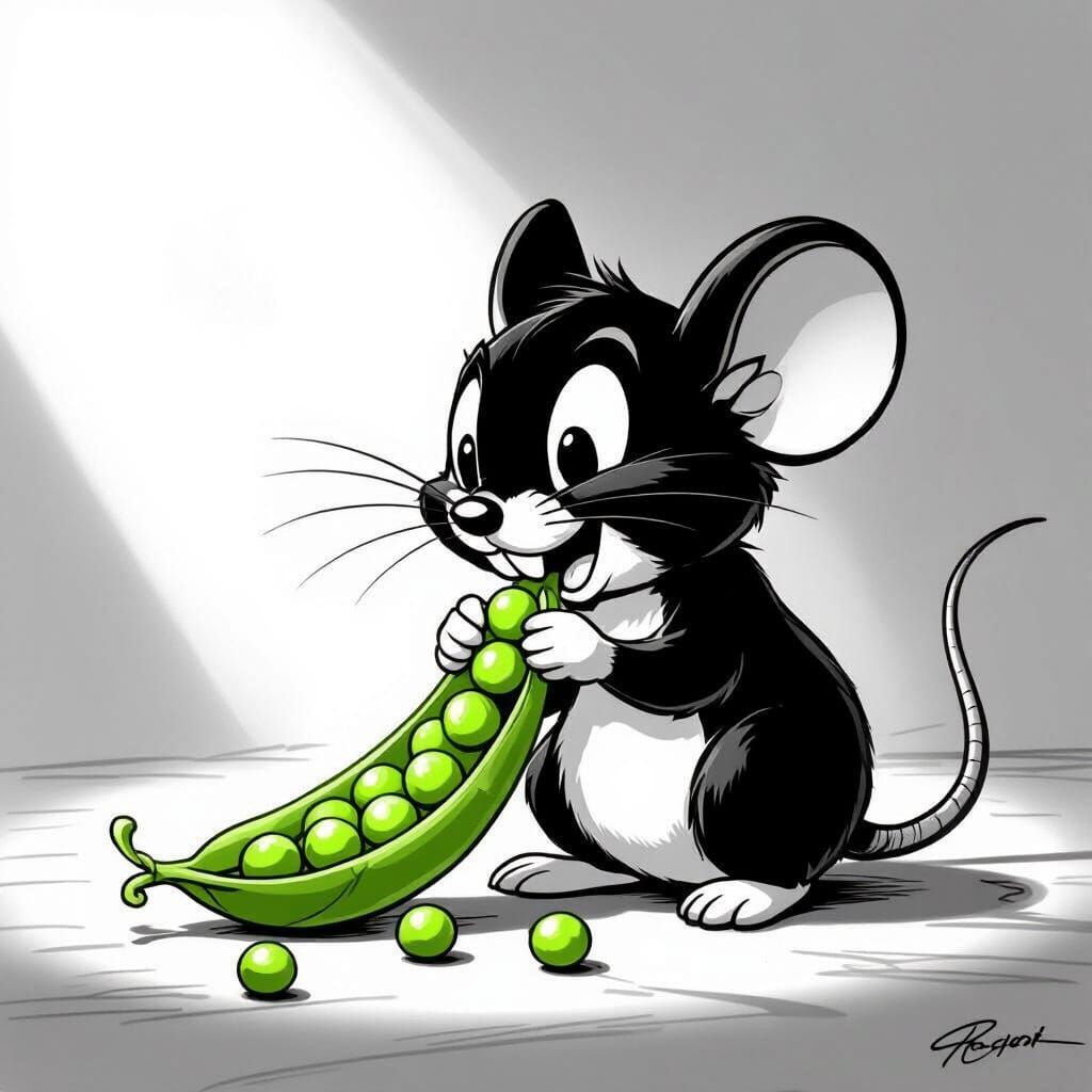 Cute Mouse Eating Peas in 1930s Cartoon Style