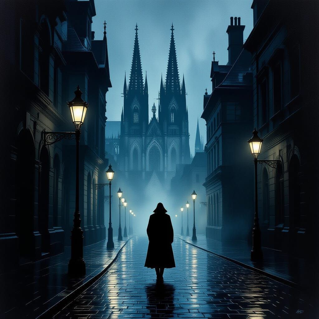 Gothic Street Scene with Lone Figure in Oil Painting Style