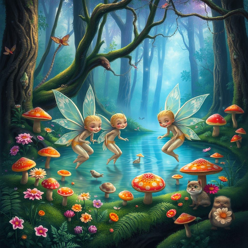 Whimsical Water Sprites in an Iridescent Forest Realm