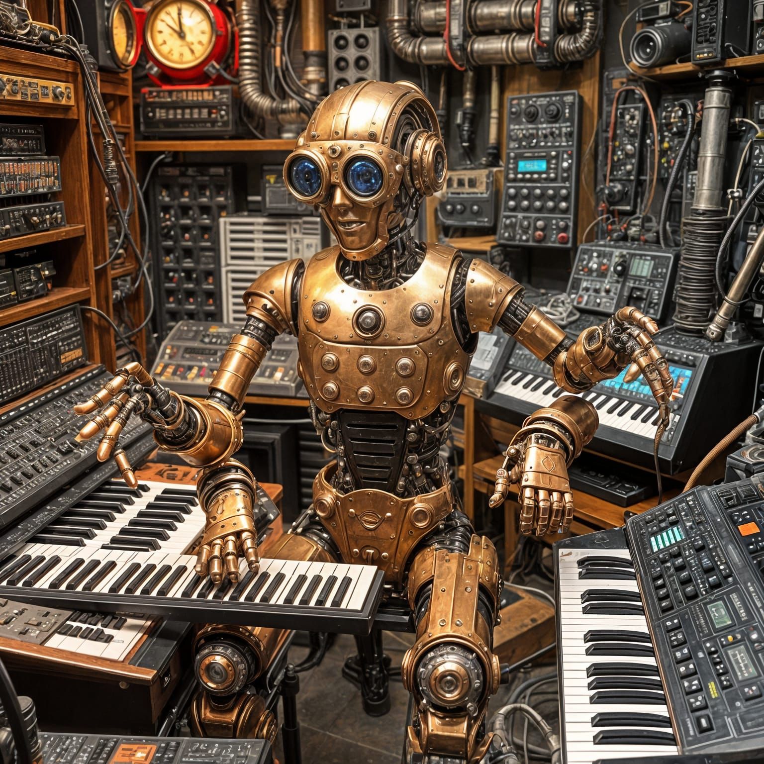 Steampunk Robot Musician Plays Four Keyboards