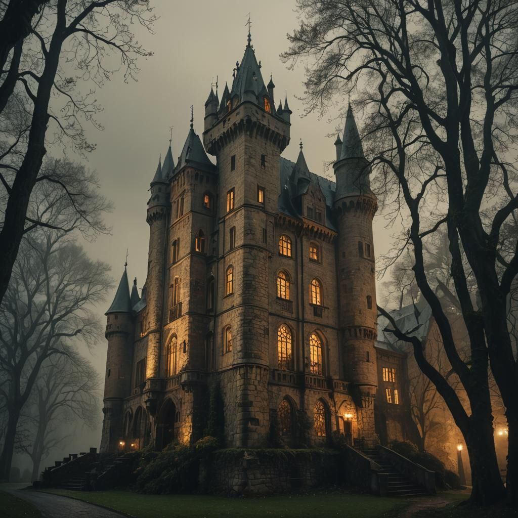 Fairytale Castle on Rainy Night in Anime Style