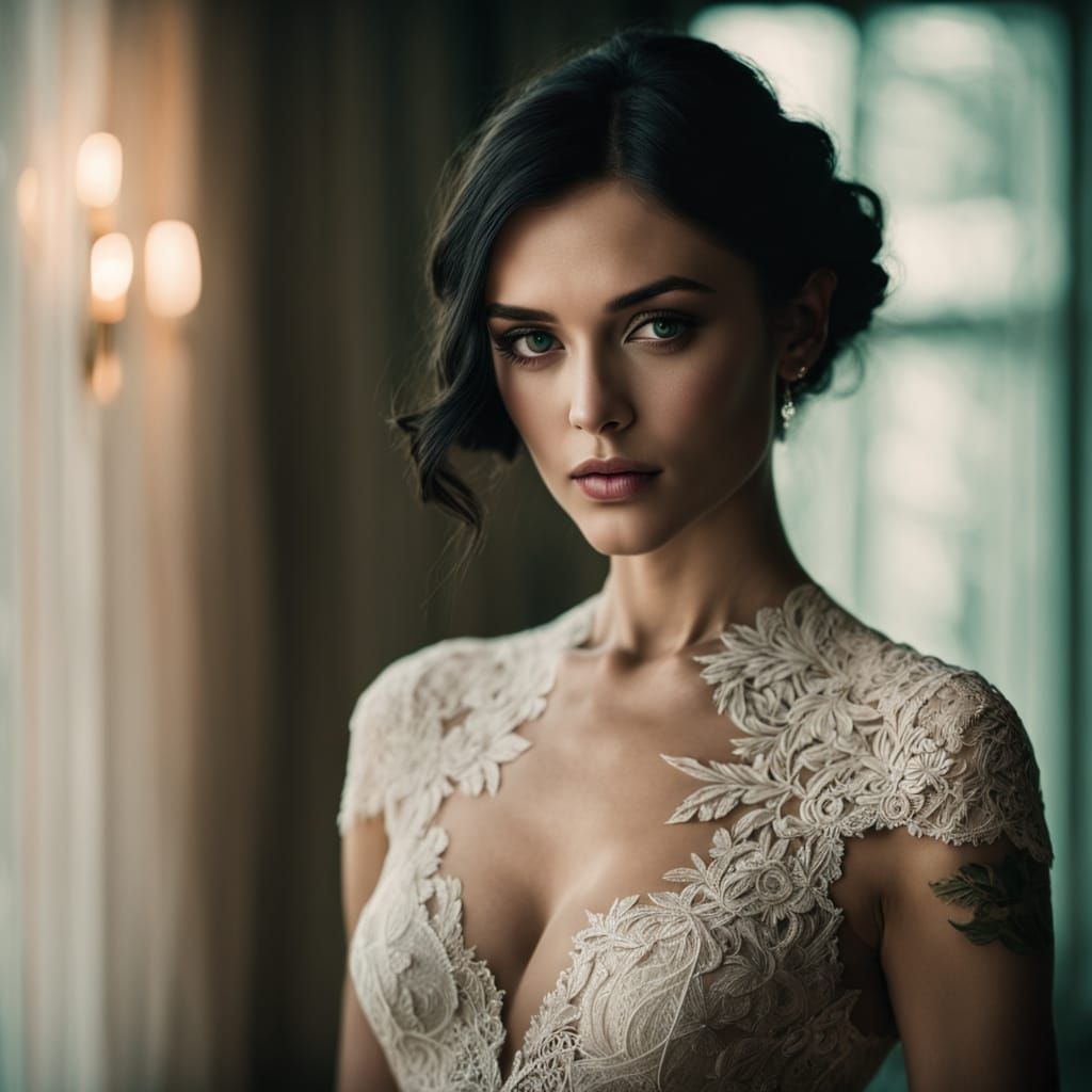 Elegant Woman in Evening Attire with Lace-Like Tattoos