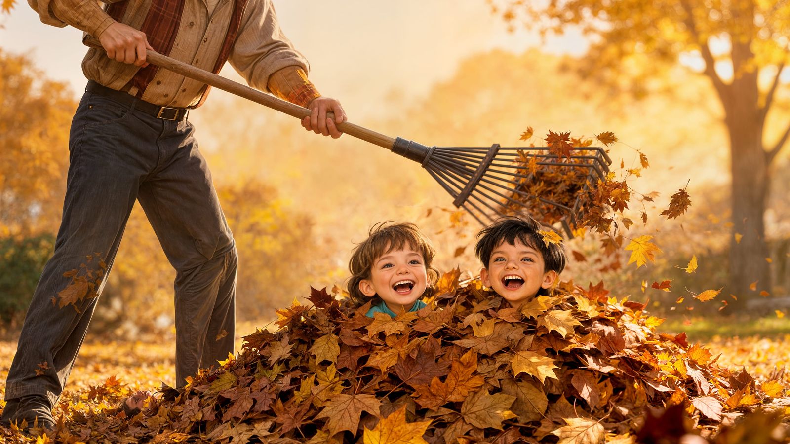 Dad Rakes Fall Leaves With Children Peeking Out