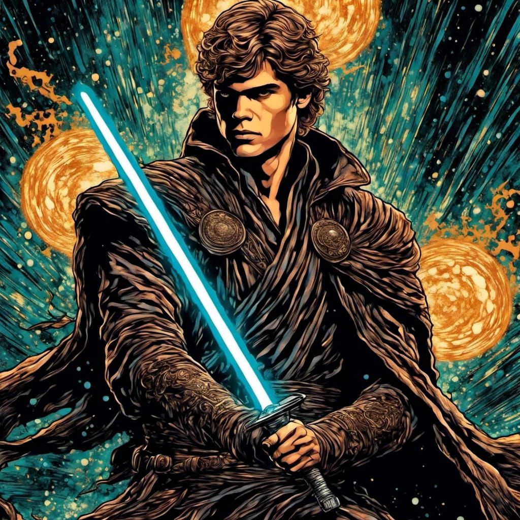 <lora:Mnemcore:1.0> Anakin Skywalker, Jedi Knight, woodcut, cosmic illustration