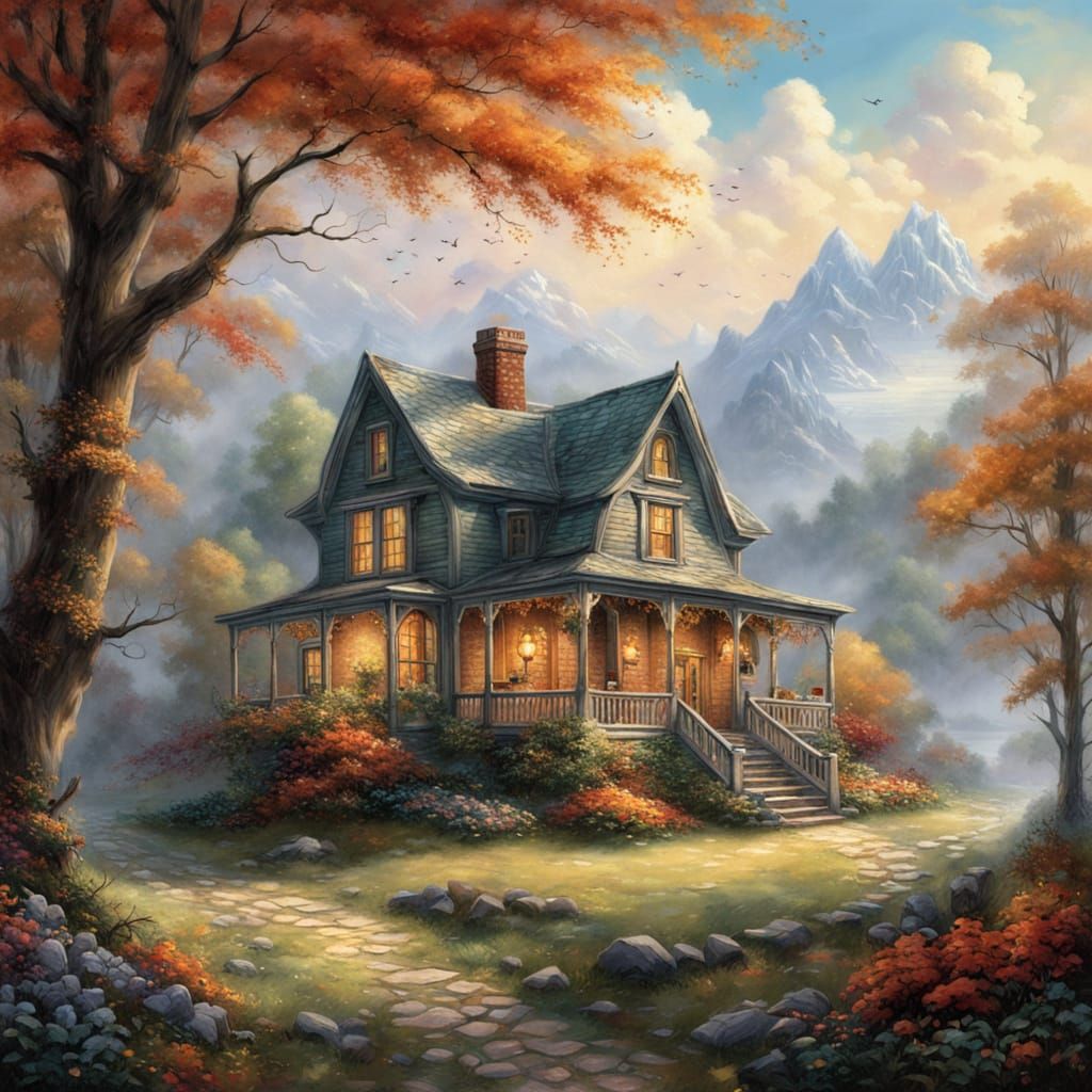 Magical Autumn Forest Scene with Old Oak and House