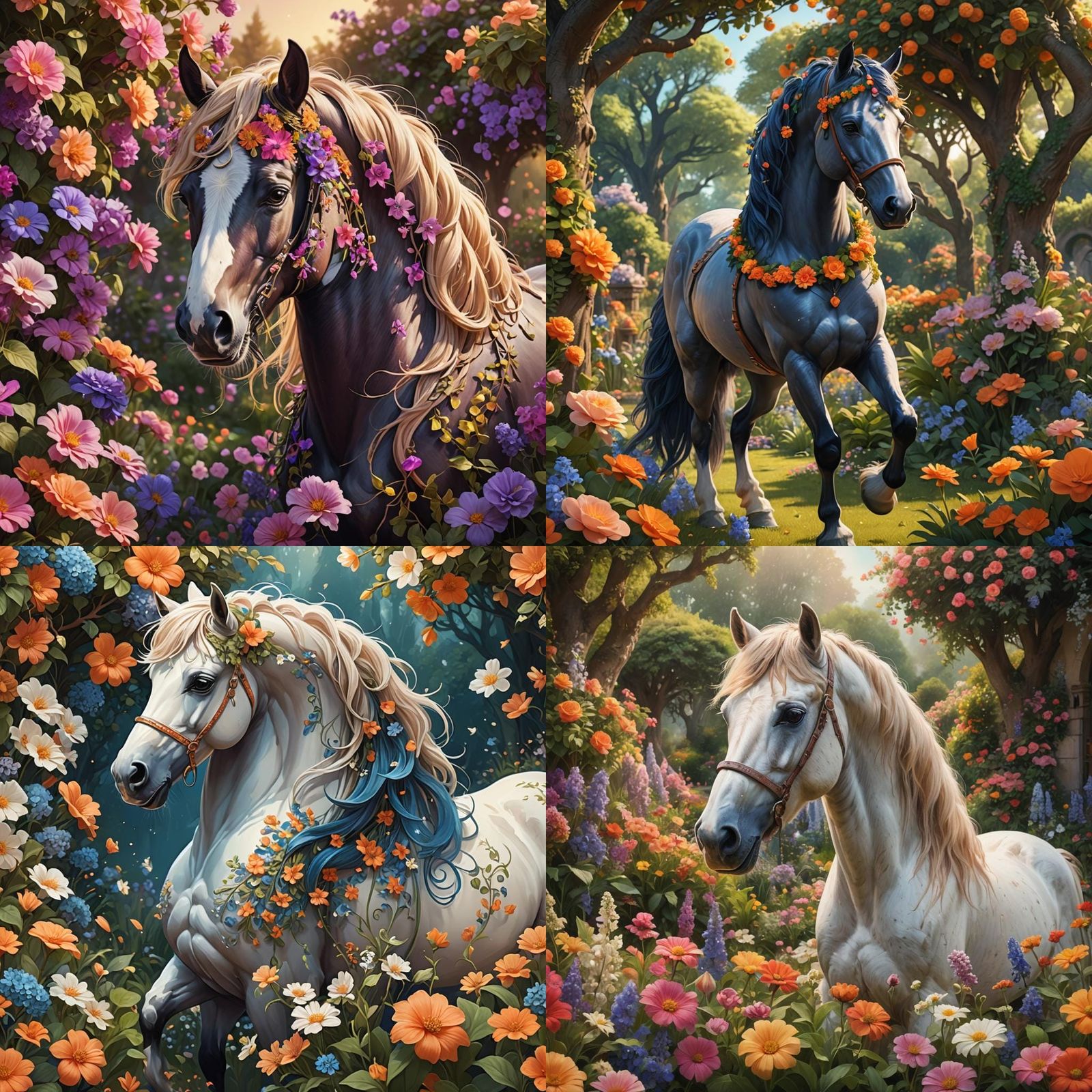 Adorable Horse in Flower Garden: Fantasy Concept Art