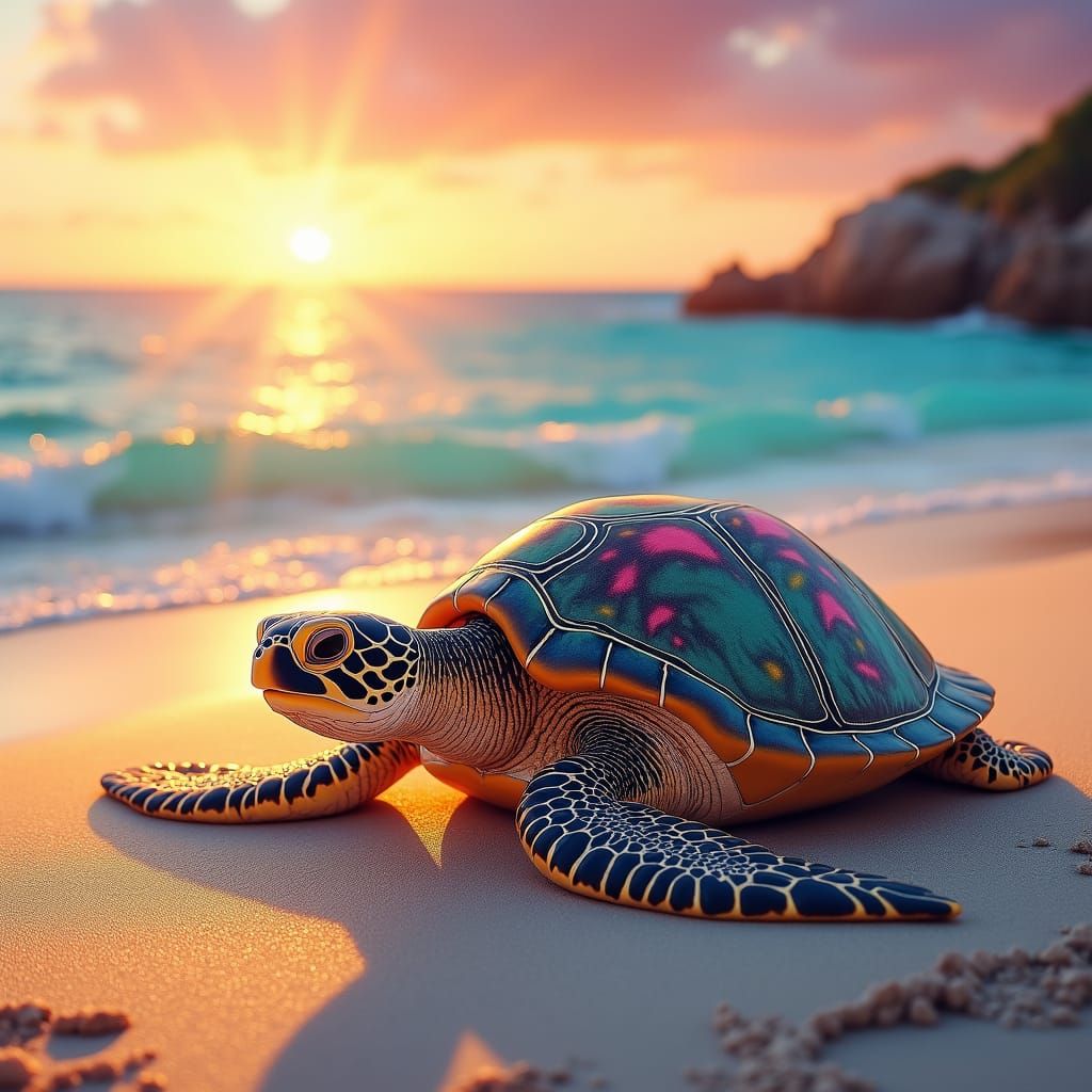 Turtle Sunset: Dreamy Beach Scene in Gallery Art Style