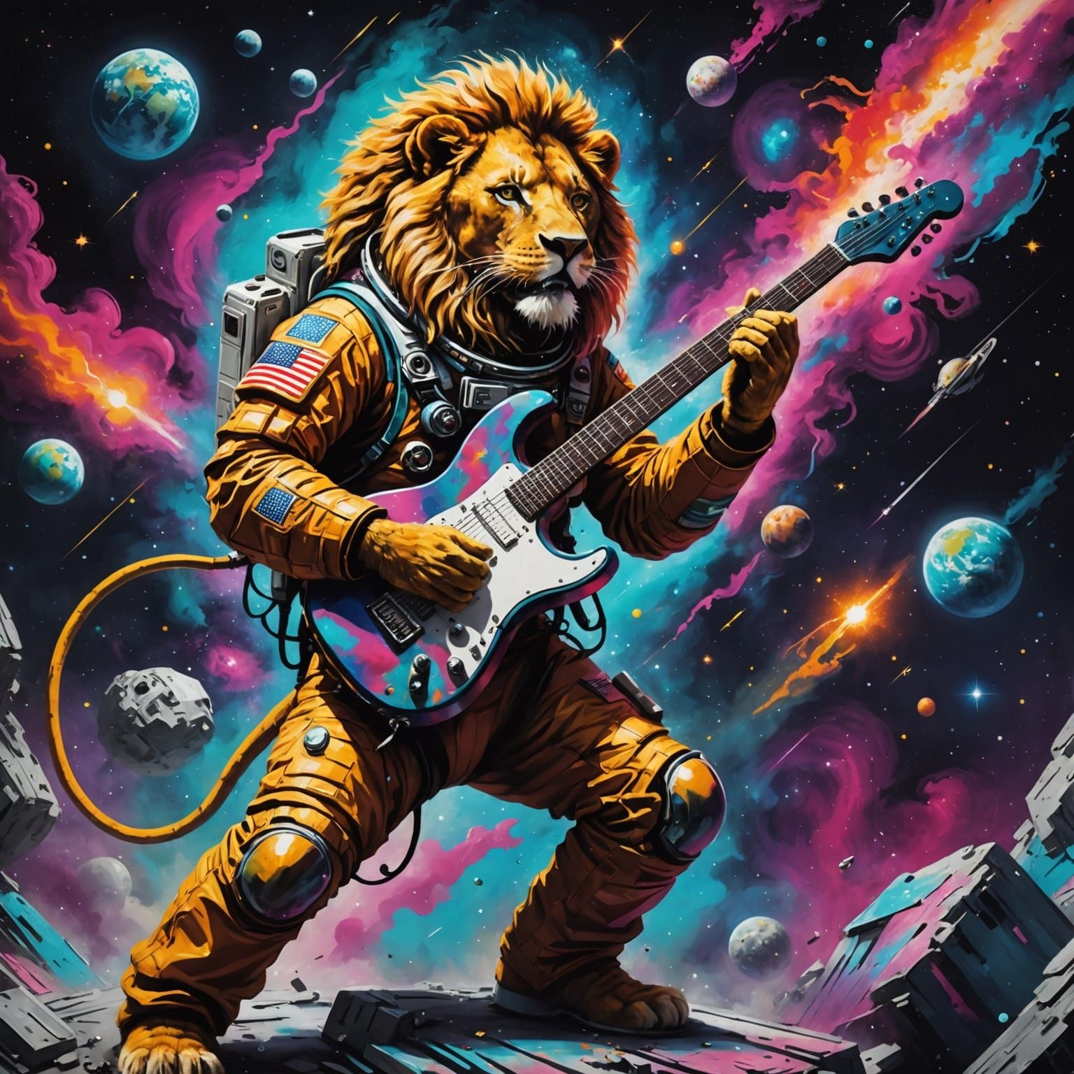 Graffiti Astronaut Lion Blazes in Cosmic Rock Concert