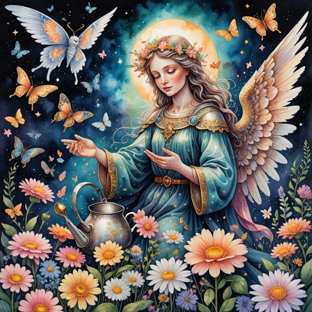 Watercolor painting. Close-up shot. The Angel of Death appears as a gentle spirit, surrounded by blooming flowers and bu...