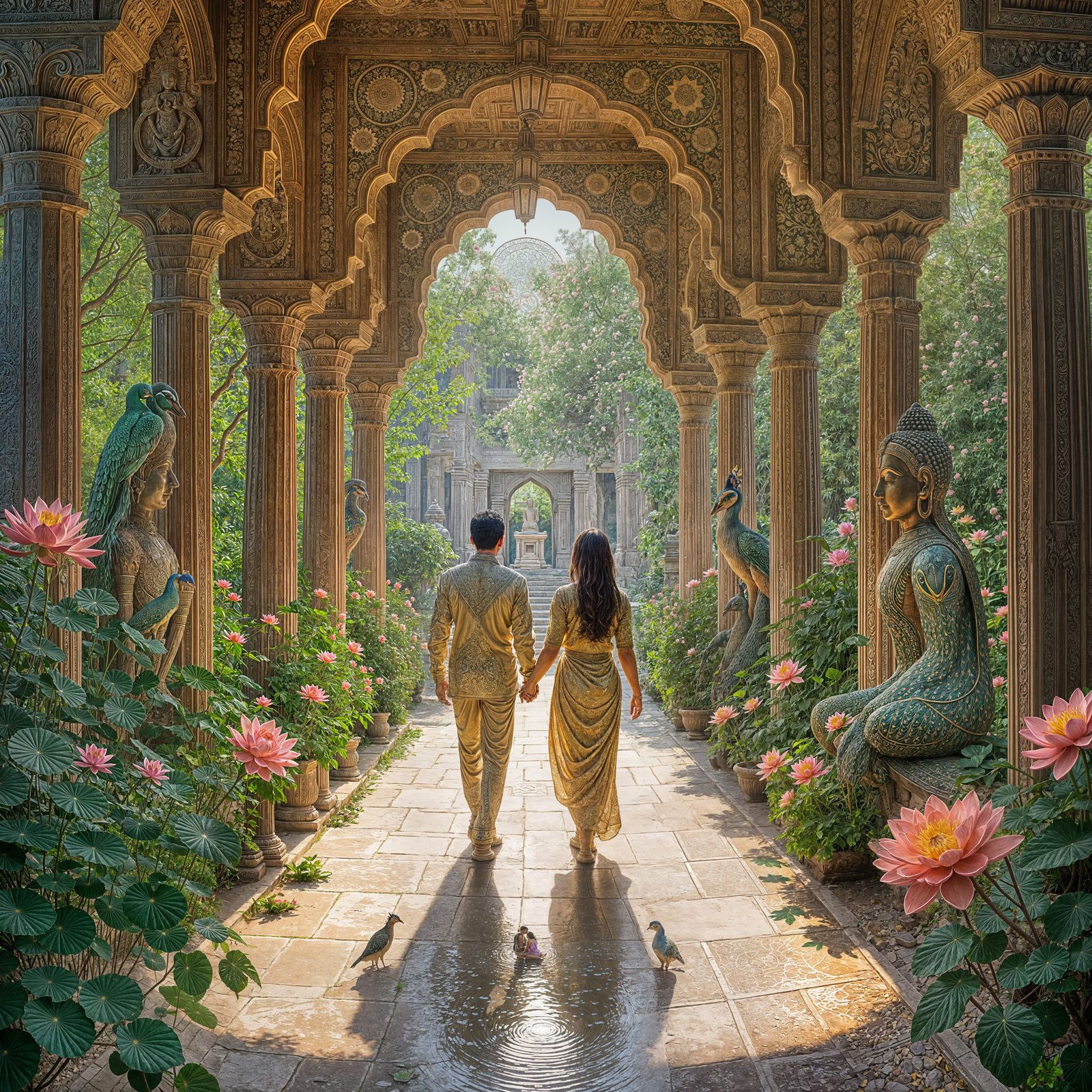 Ancient Indian Temple Garden in Vibrant Colors and Intricate...