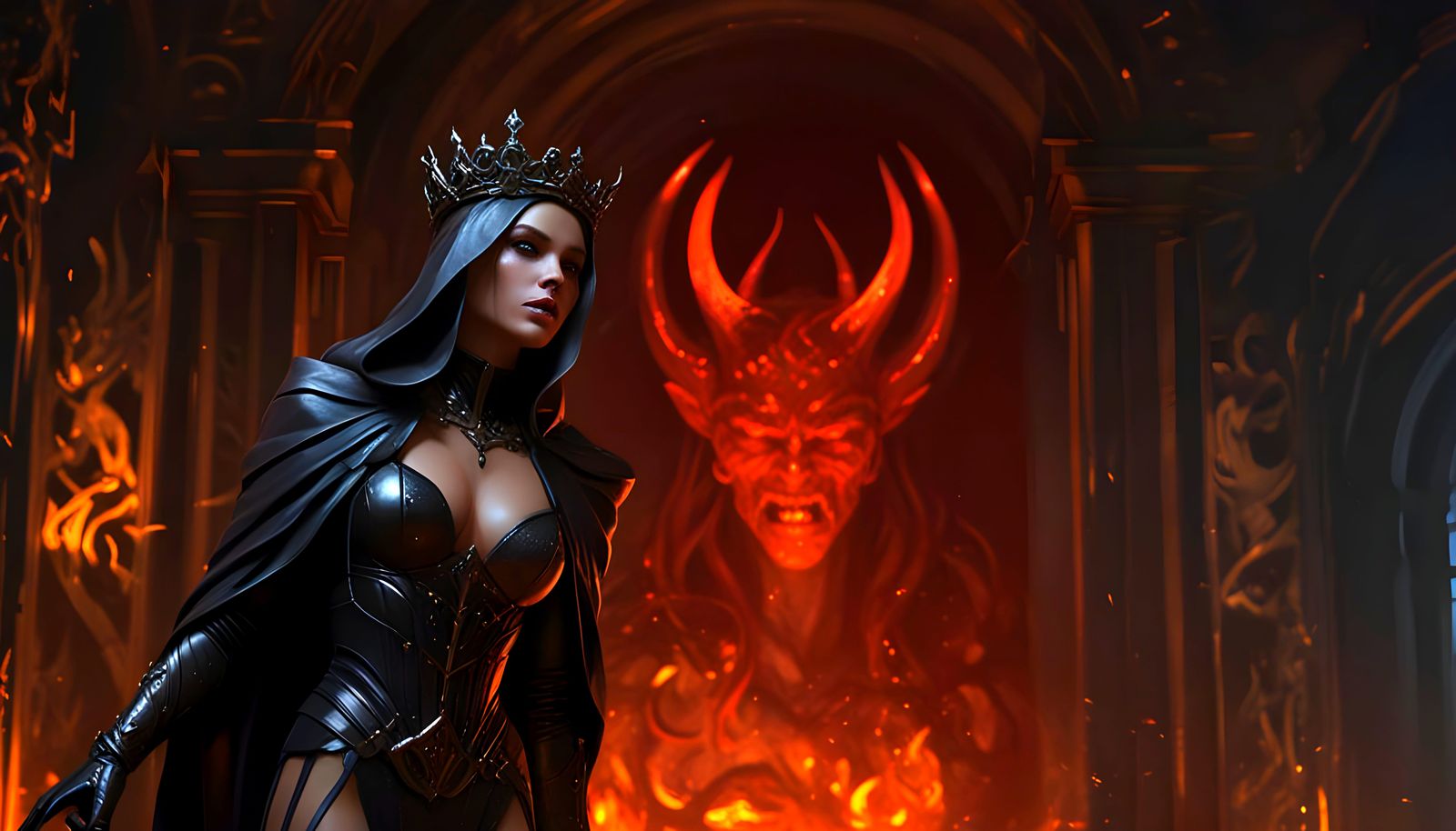 Seductive Demon Queen in Hellish Throne Room