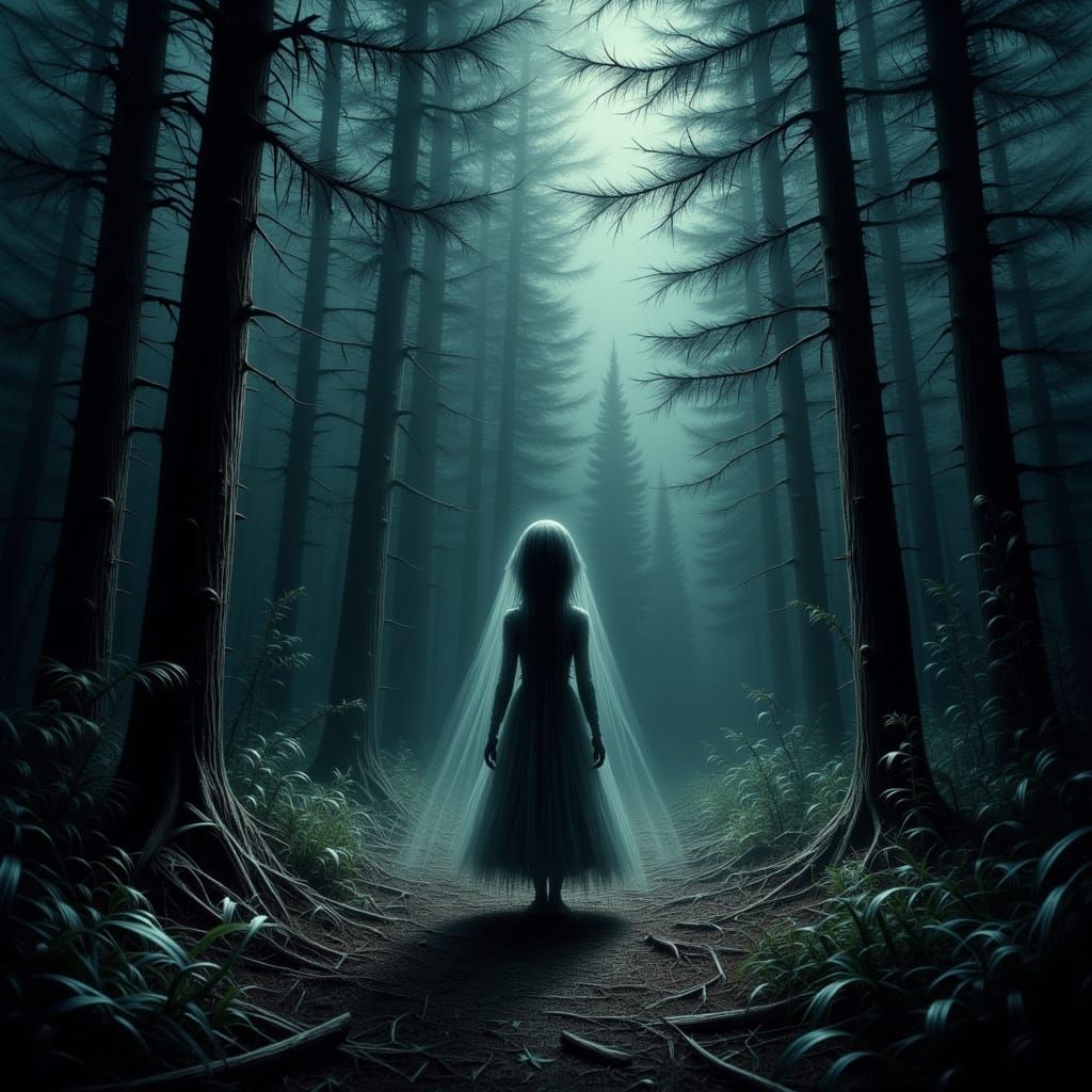 Ethereal Woman in Pine Forest, Soft Focus Bokeh