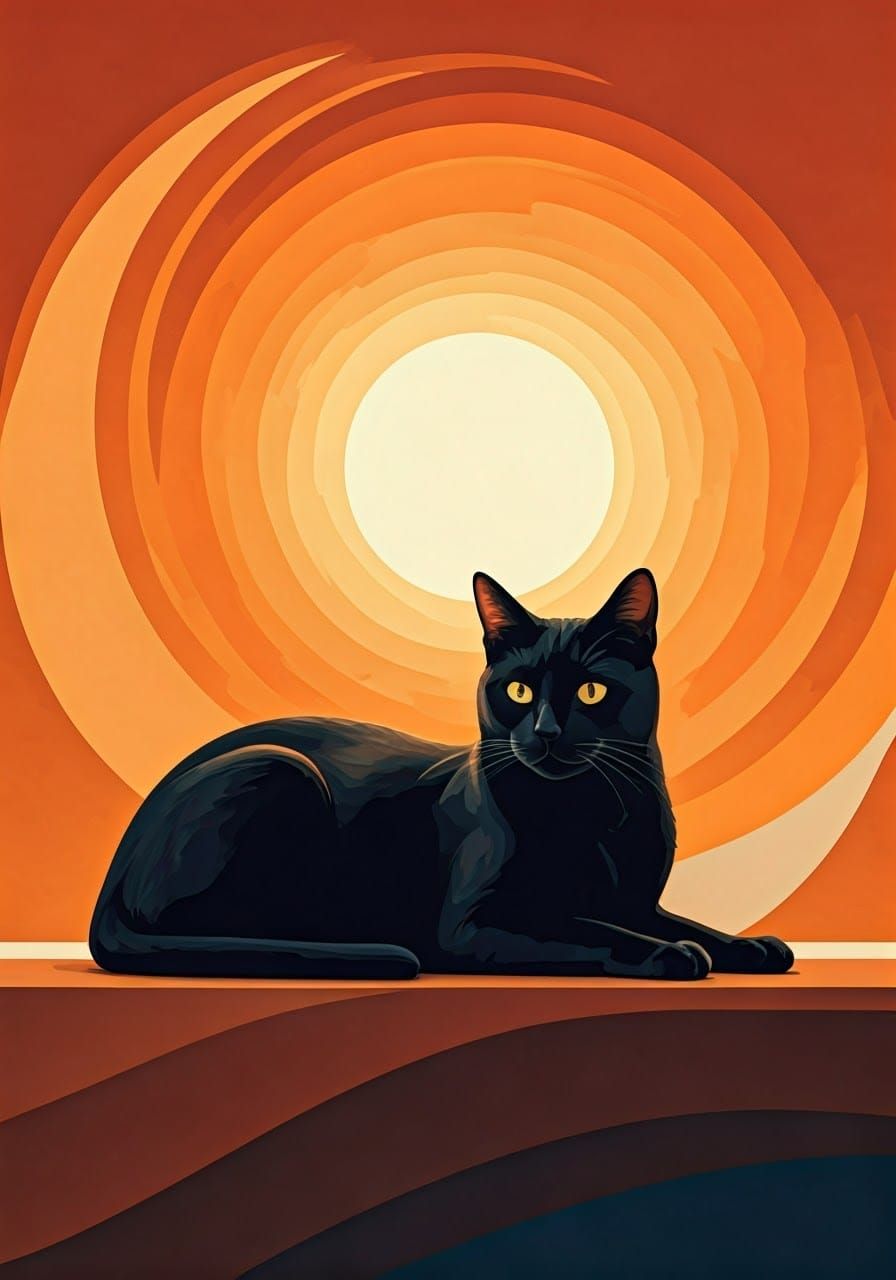 Retro-Inspired Black Cat in Geometric Art Deco Style