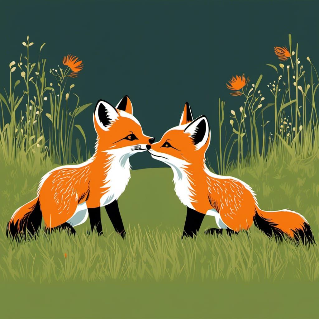Minimalist Baby Foxes Playing in Grassland