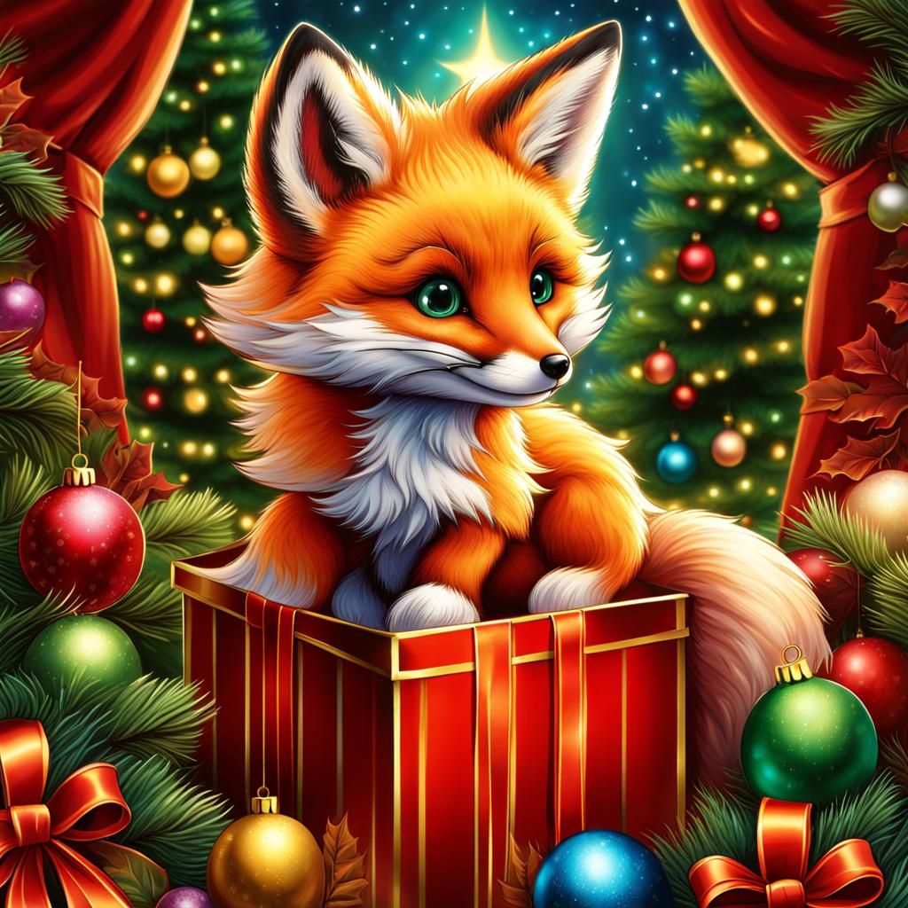 Festive Chibi Fox in a Present Box