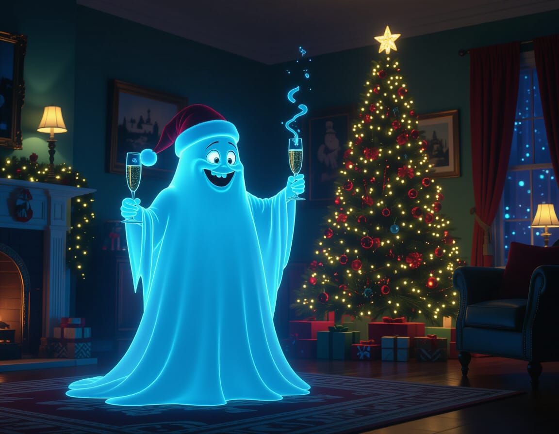 Ghostbusters Christmas Scene with Ethereal Ghost