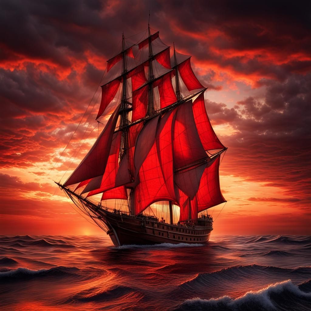 Hyperrealistic Sunset with Red Sails in a Fantasy Setting