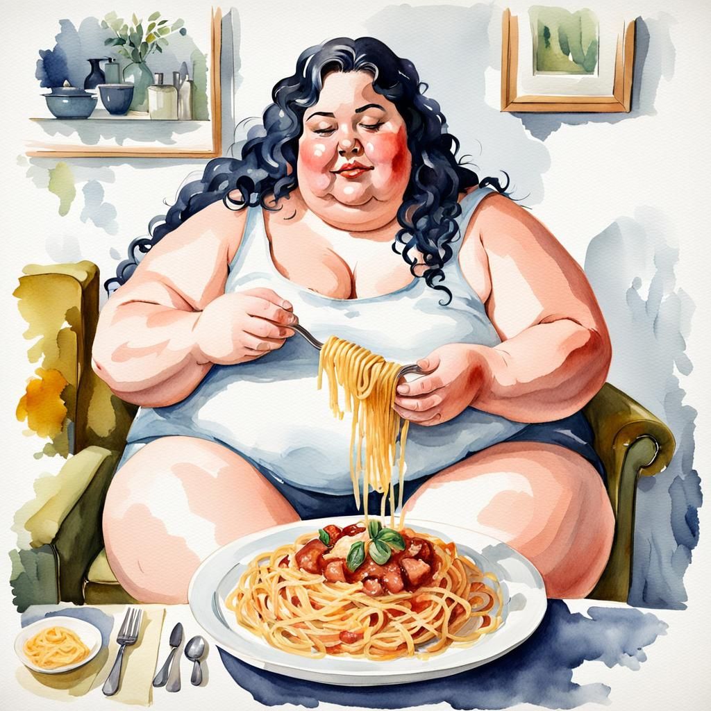 Young Woman Eating Pasta in Impressionist Gouache Style
