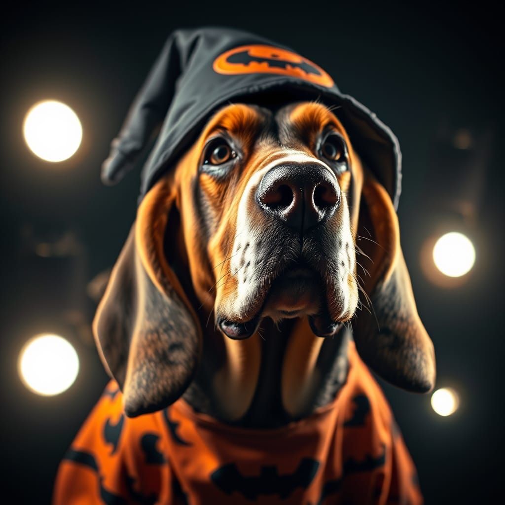 Bassett Hound in Halloween Costume with Dramatic Lighting