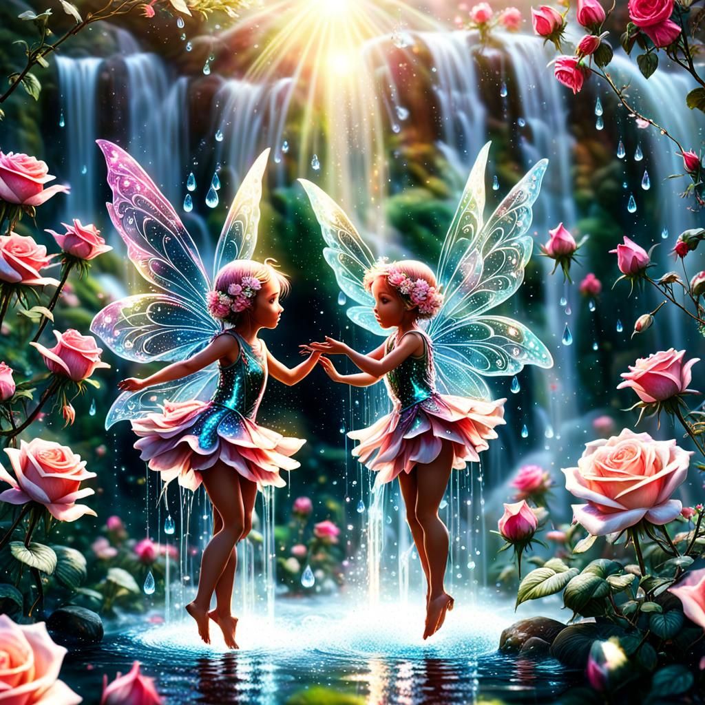 Fairies Dancing in Rose Garden Waterfall: Macro Digital Art