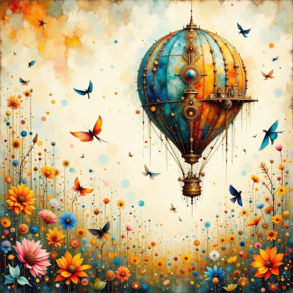 Steampunk Cathedral Hot Air Balloon in Watercolor