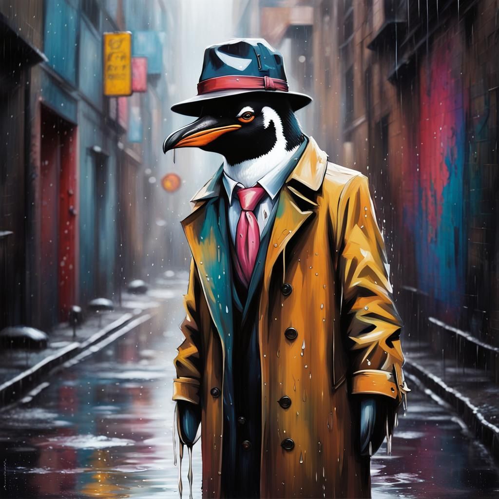 Penguin in Fedora: Graffiti Art in Rainy Alley