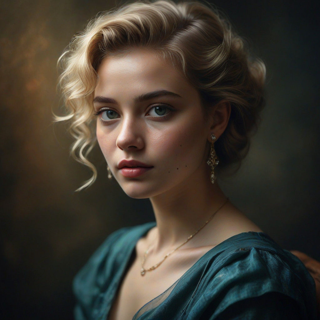 Elegant Frisian Woman in Turquoise Dress, Oil on Canvas Port...