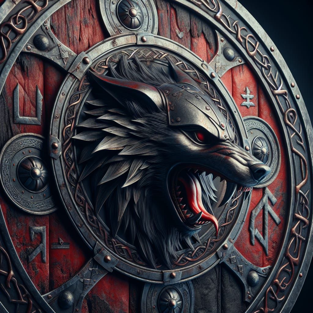 Viking Shield with Howling Wolf in Dark Fantasy Style