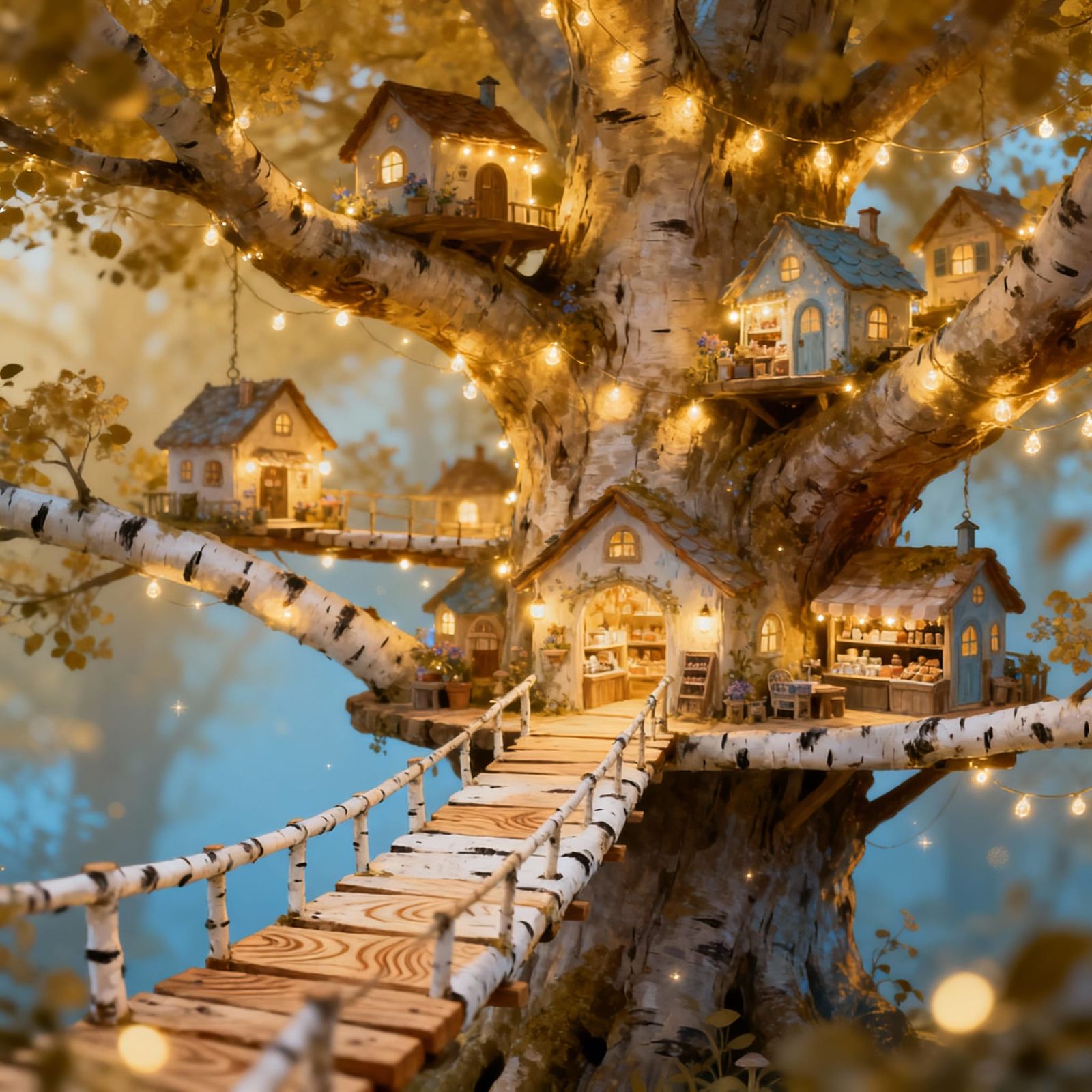 Mystical Tree Village with Fairy Houses and Birch Bridges