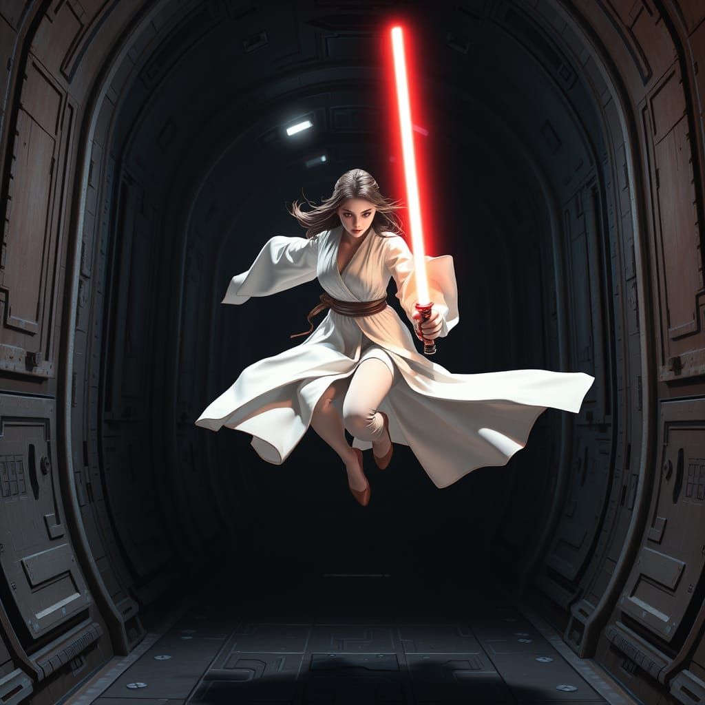 Jedi Leaping Through Death Star Hallway in Anime Style
