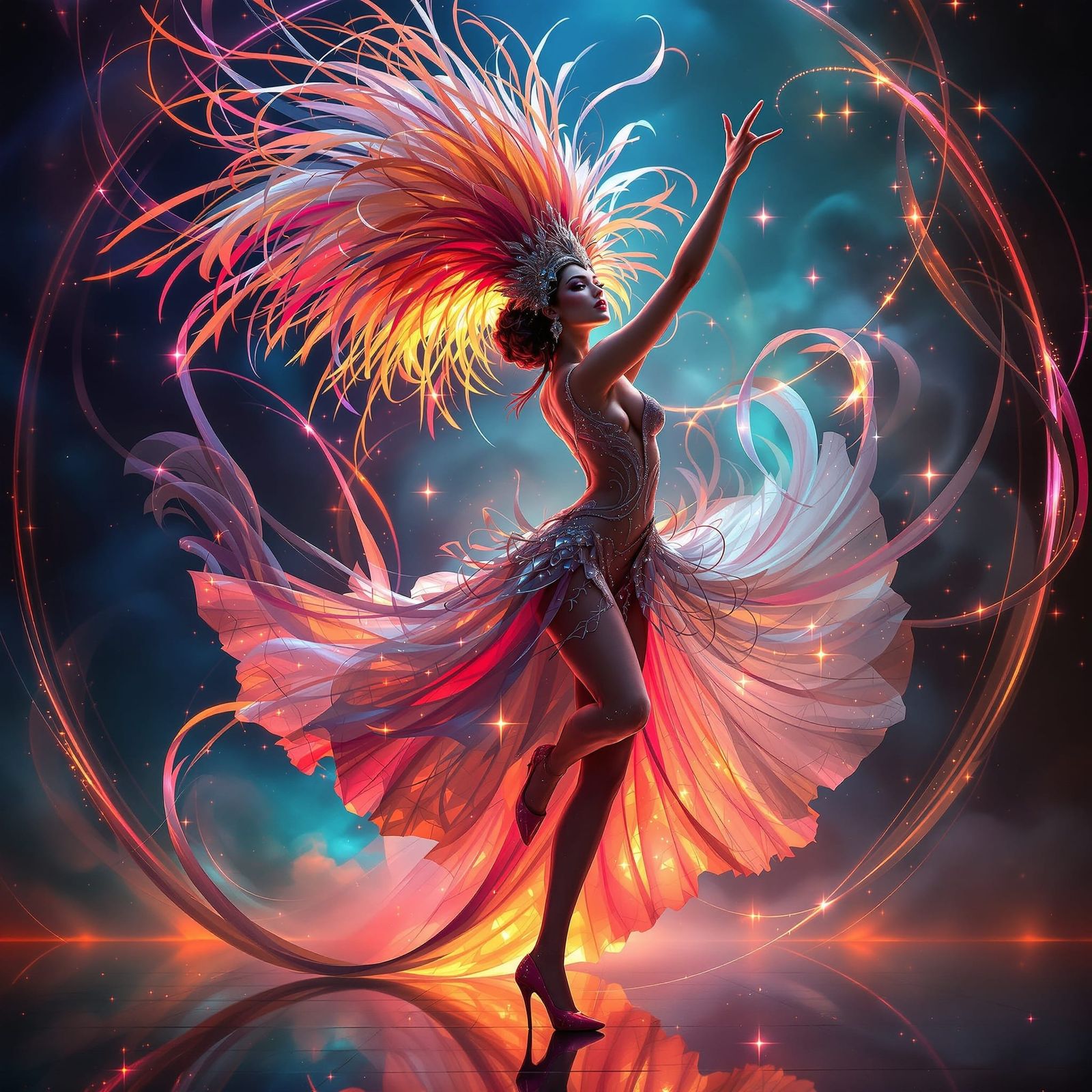 Cabaret Dancer in Art Nouveau-Inspired Futurism