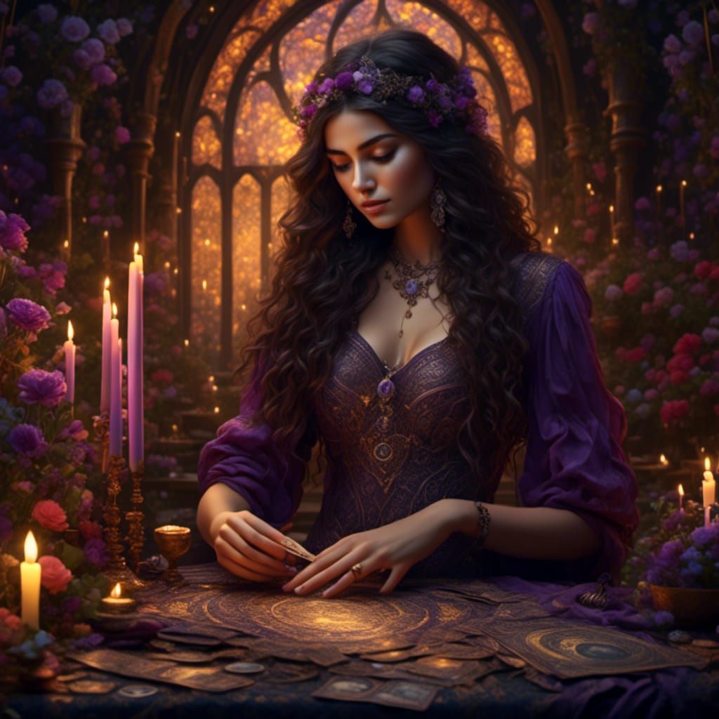 Gypsy Seer Reading Tarot Cards in Garden