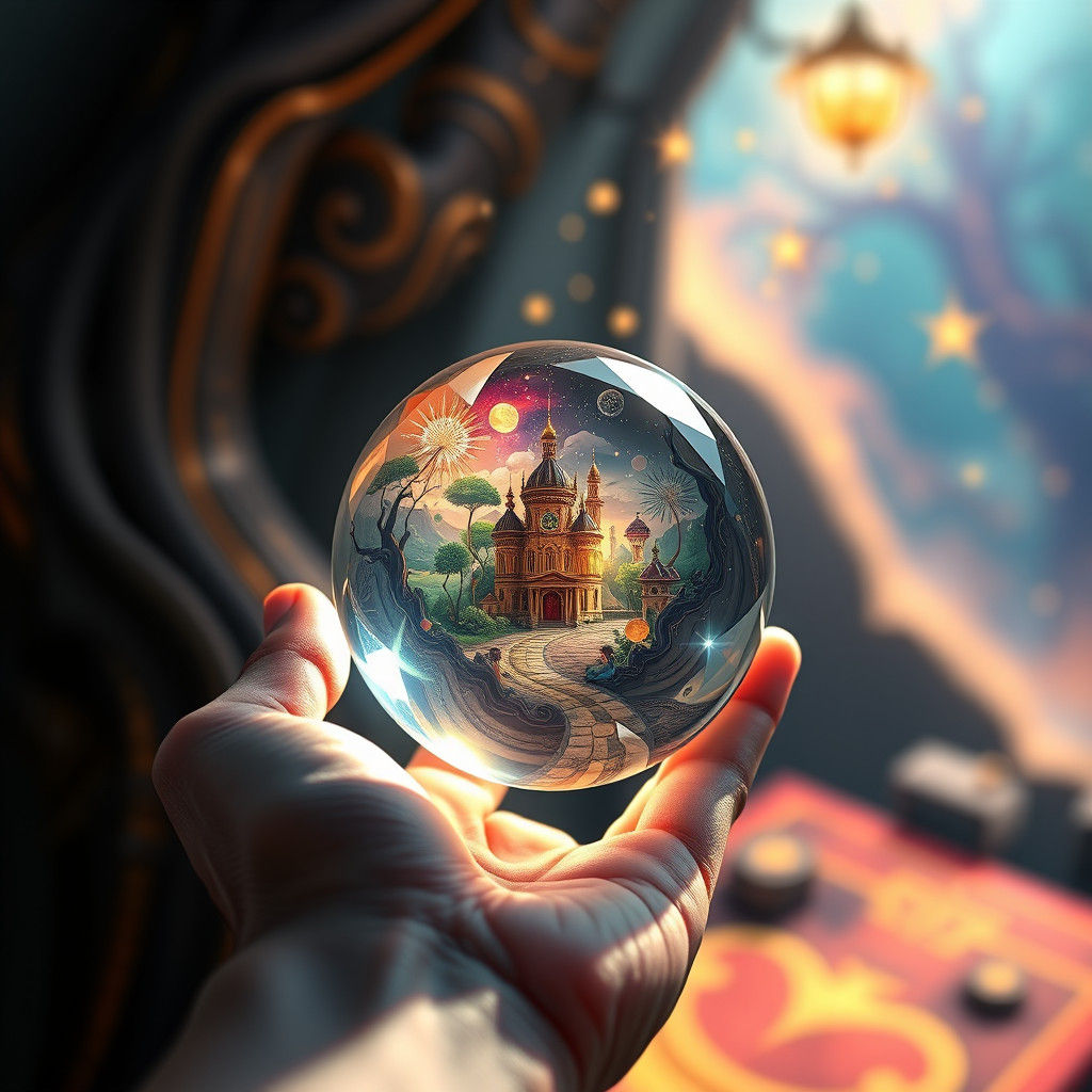 Crystal Orb Reflecting Miniature World in Art Nouveau Style