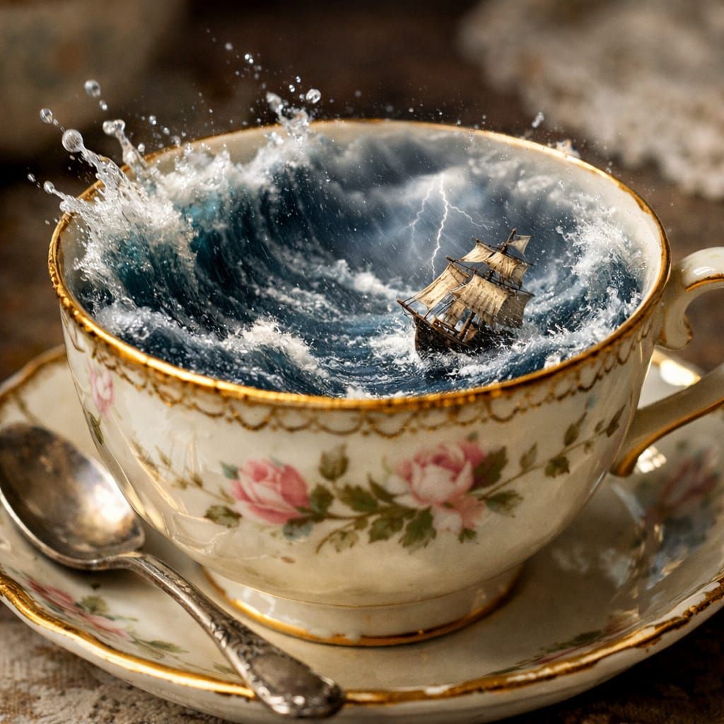 Raging Ocean Storm Inside Antique Teacup with Tiny Ship