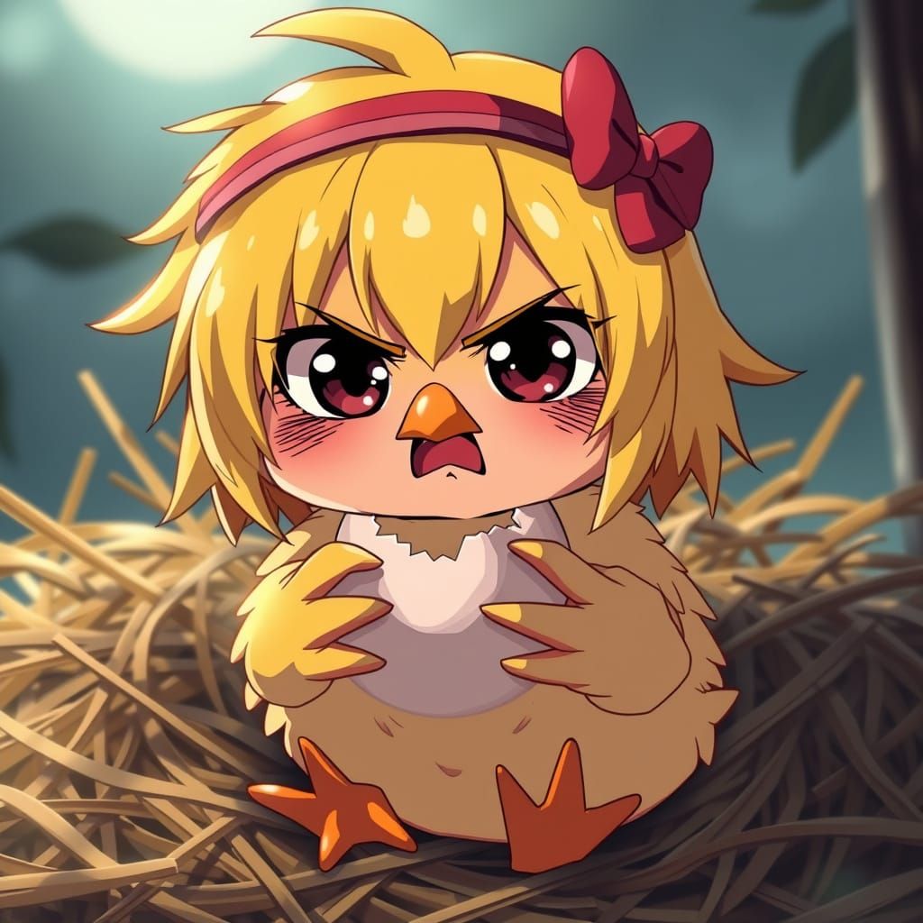 Grumpy Anime Chick with Broken Egg in Manga Style