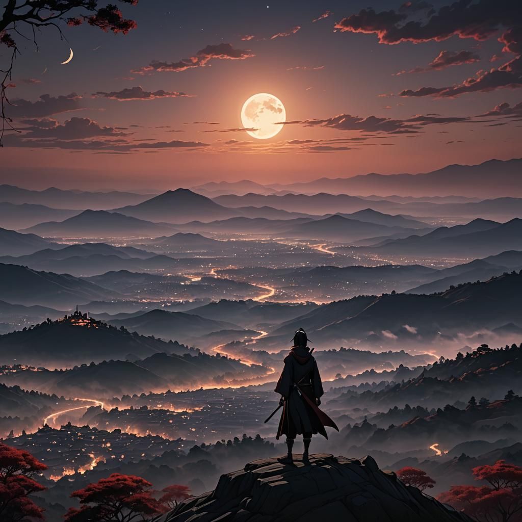 Contemplative Figure in Crimson Landscape: Digital Matte Pai...