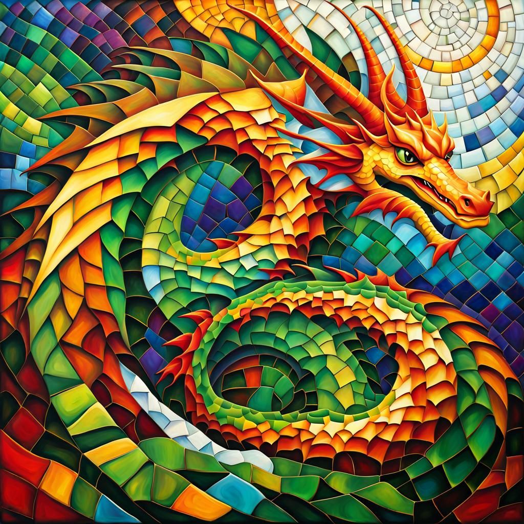 Mosaic Dragon in Expressionist Oil Painting Style