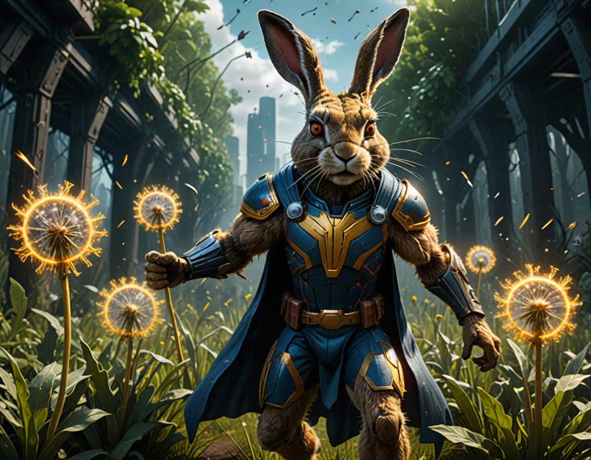 Cyberpunk Superhero Hare Battles Dandelion Cyborgs in Vivid....