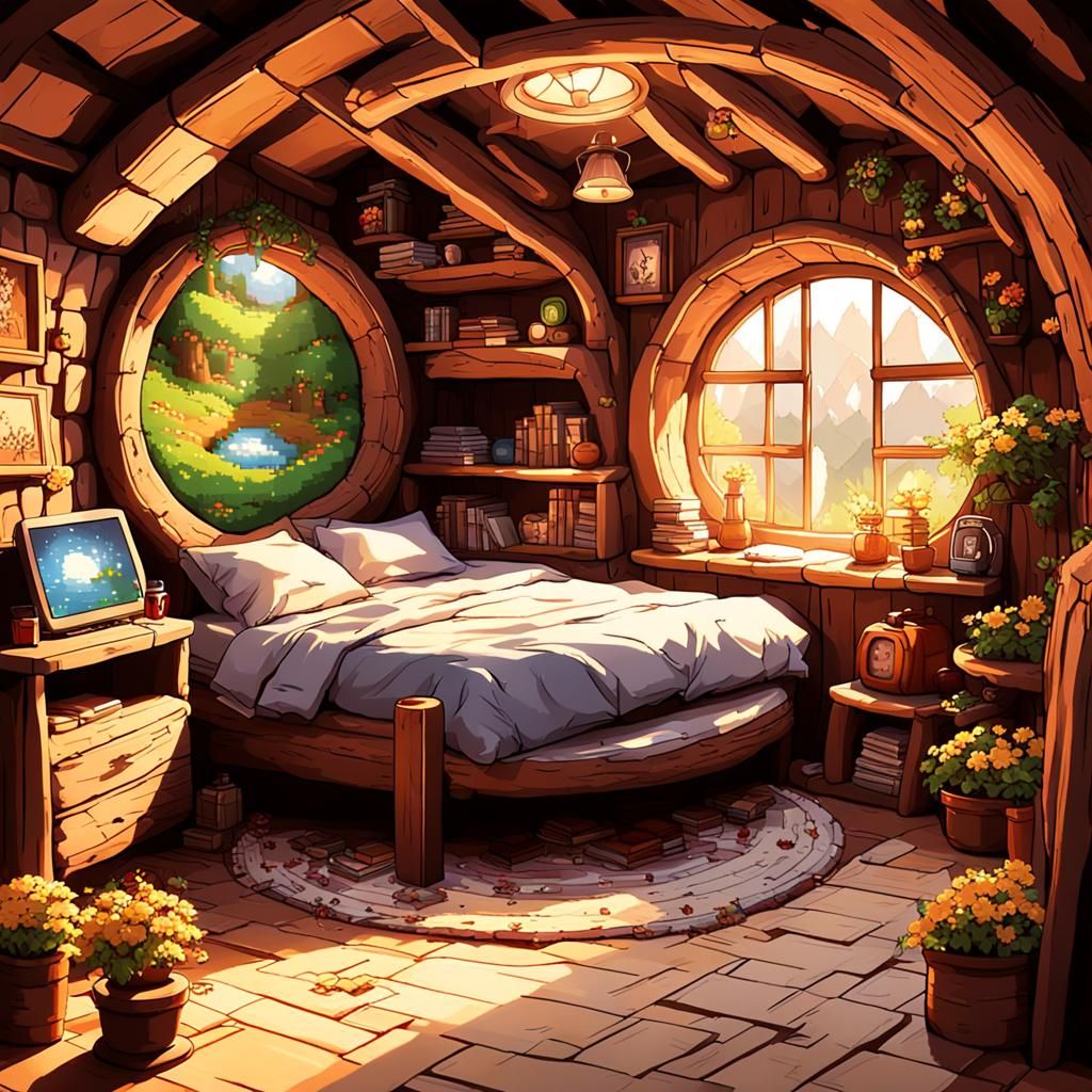 8-Bit Pixel Bedroom in Cozy Hobbit Hole