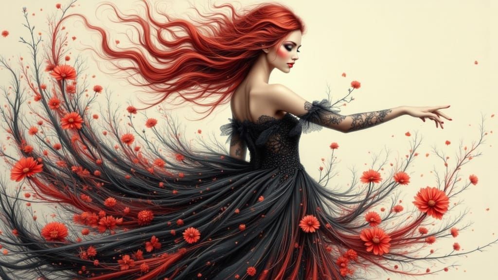 Young Woman Dancing in Flowing Lace Dress