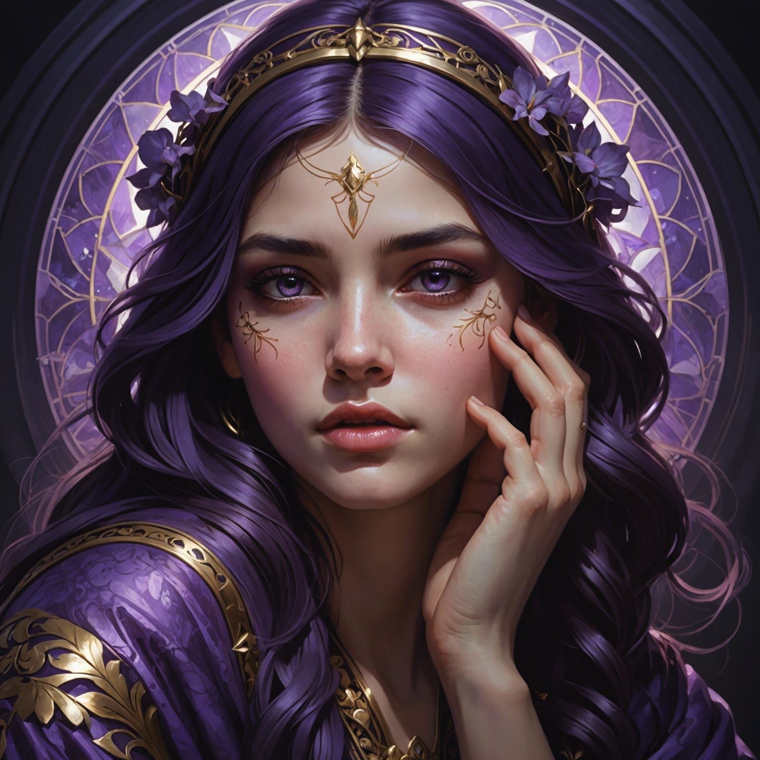 Dramatic Portrait in Purple, Hyperrealistic Concept Art