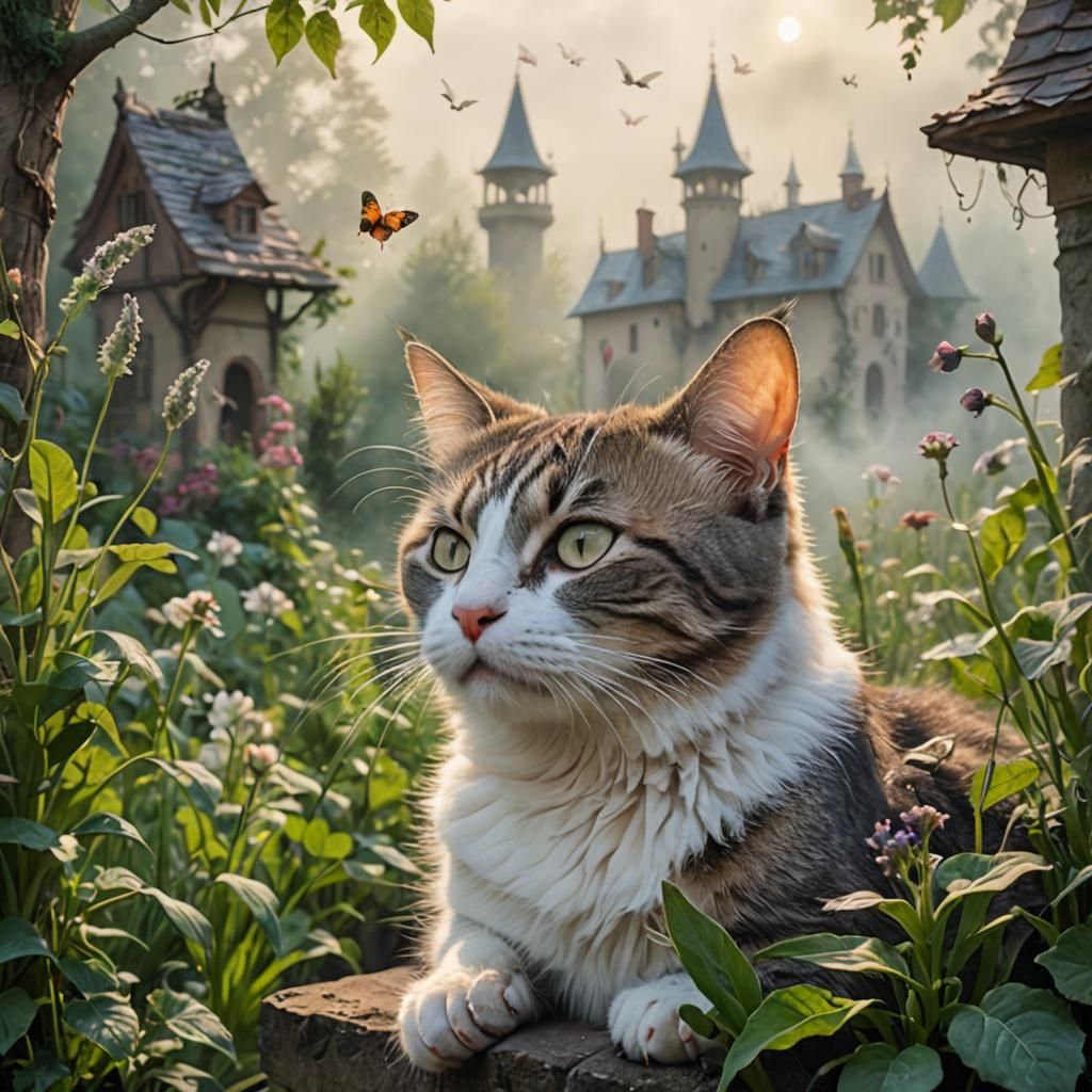 Dreaming Cat in Ethereal Garden Mirage