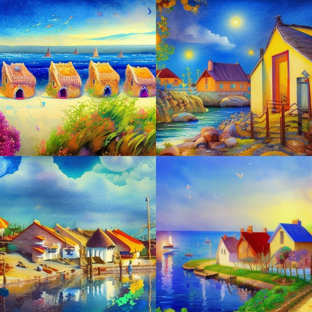 Mediterranean Seaside Houses in Gouache Impressionist Style