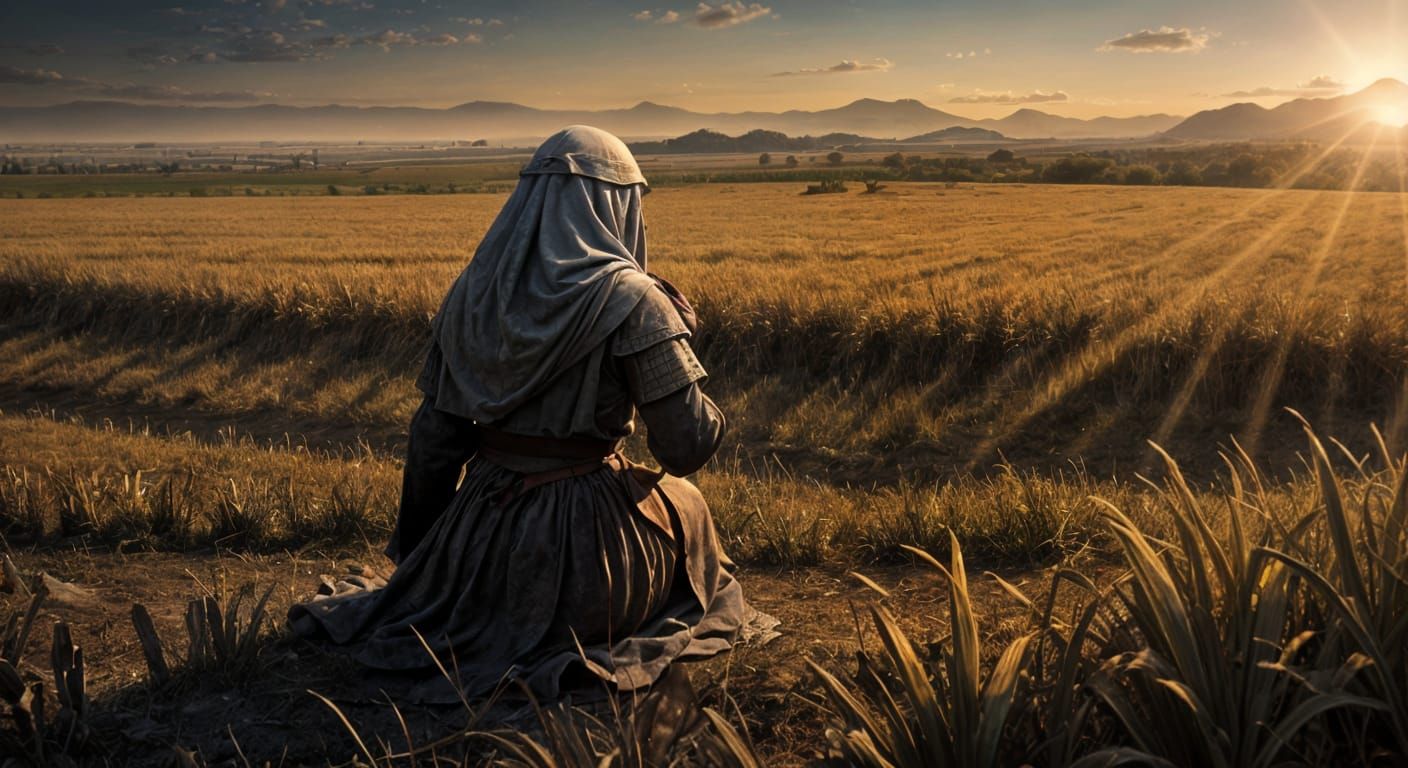 Medieval Girl Crying in Dead Cornfield