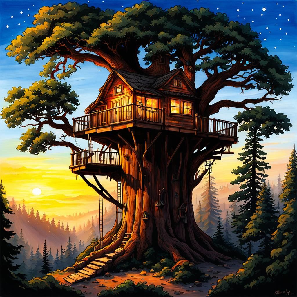 Treehouse at Sunrise Atop Giant Sequoia