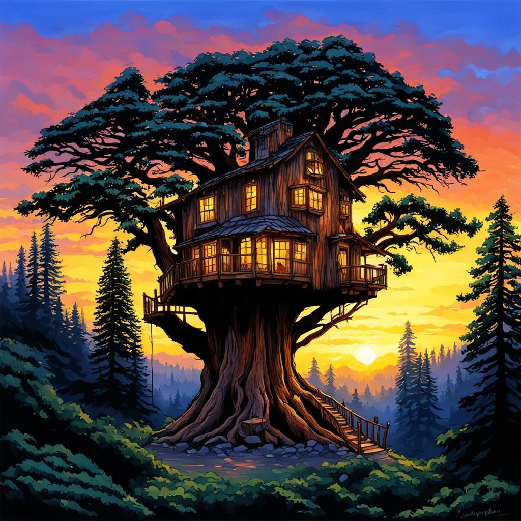 Treehouse at Sunrise Atop Giant Sequoia